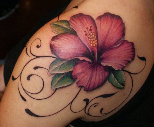Color Ink Hibiscus Hawaiian Flower Tattoo On Shoulder