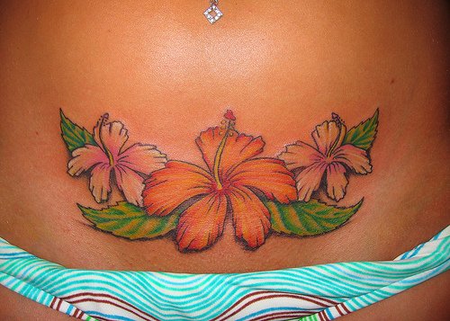 Hawaiian Lily Flowers Tattoos On Belly