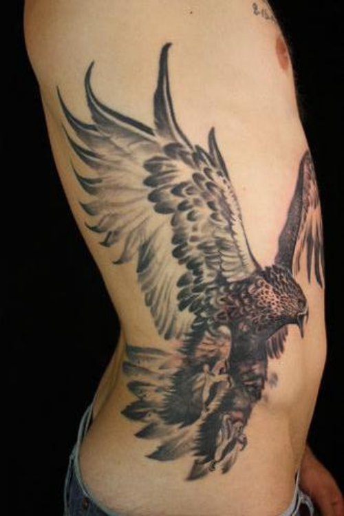 Right Side Rib Hawk Tattoo For Men