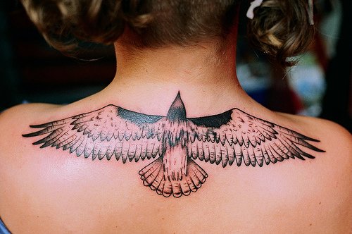 Grey Ink Open Wings Hawk Tattoo On Upperback