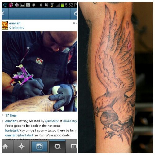 Stylish Grey Ink Flying Hawk Tattoo On Left Sleeve