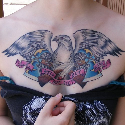 Hawk And Banner Tattoo On Girl Chest
