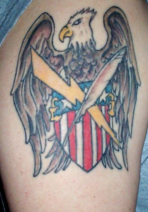 Hawk With Military Crest Grey Ink Tattoo