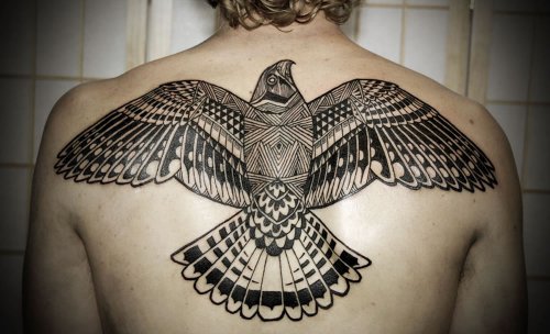 Grey Ink Back Body Hawk Tattoo For Men