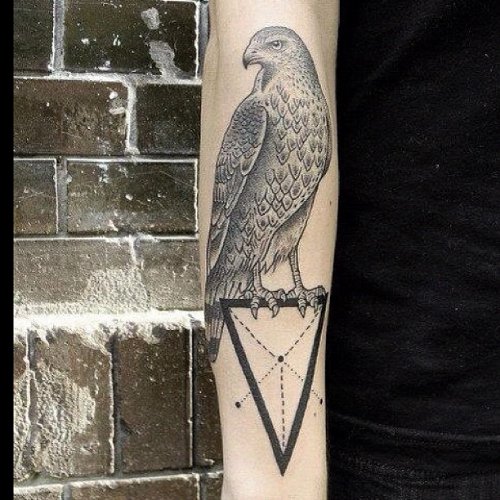 Grey Ink Hawk Tattoo On Right Arm