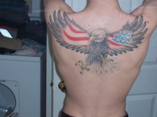 American Flag Color Ink Hawk Tattoo On Upperback