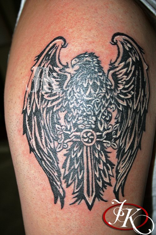 Large Wings Hawk Grey Ink Tattoo On Bicep