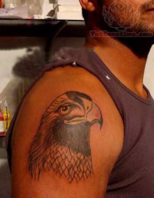 Black Ink Hawk Head Tattoo On Shoulder
