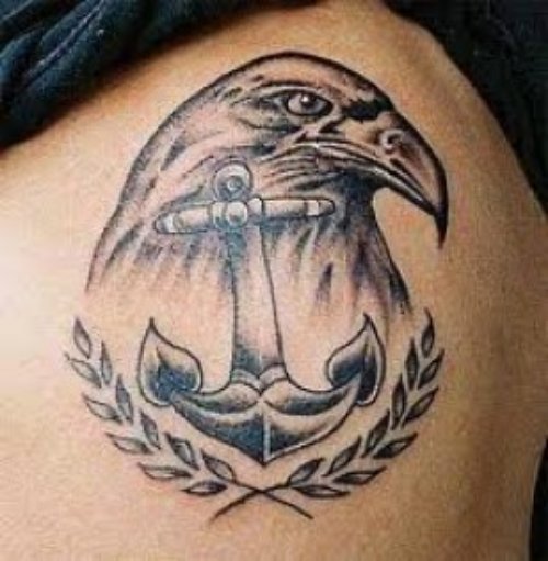 Grey Ink Anchor And Hawk Head Tattoo