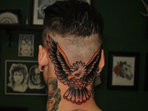 Back Neck Color Ink Hawk Tattoo