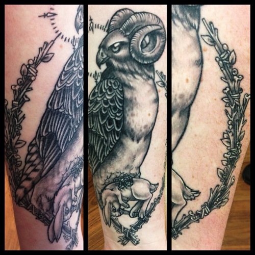 Demon Hawk With Rabbit Grey Ink Tattoo