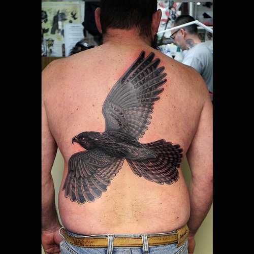 Large Flying Hawk Tattoo On Man Back