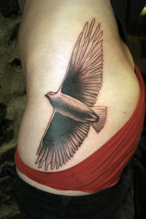 Left Rib Side Grey Ink Hawk Tattoo