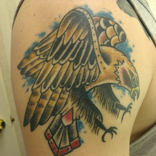 Flying Hawk Color Ink Tattoo On Right Shoulder For Men