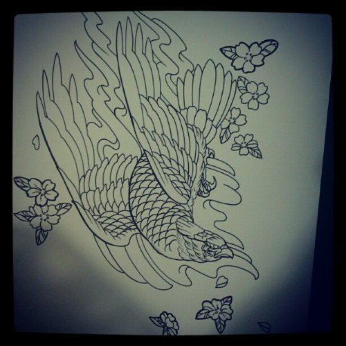 Small Flowers And Hawk Outline Tattoo Design