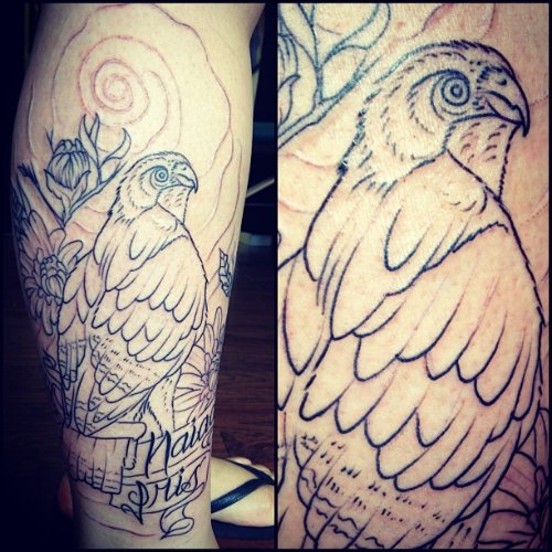 Outline Flower and Hawk Tattoo Design