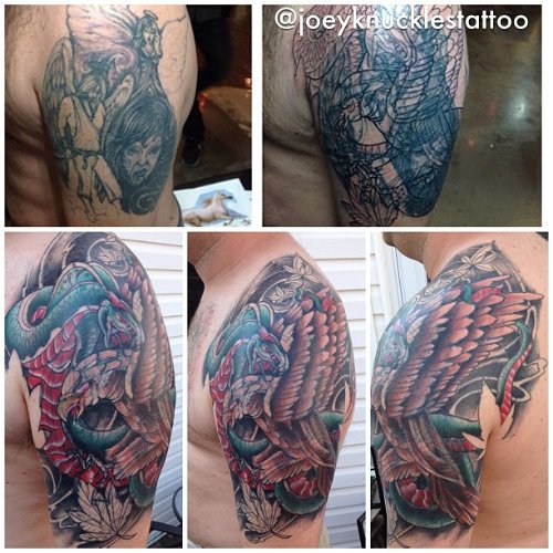 Colored Ink Flying Hawk Tattoo On Man Left Shoulder