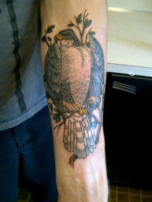 Left Arm Grey Ink Hawk Tattoo For Men