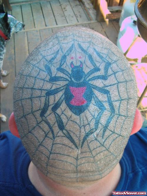 Spider And Spider Web Head Tattoo