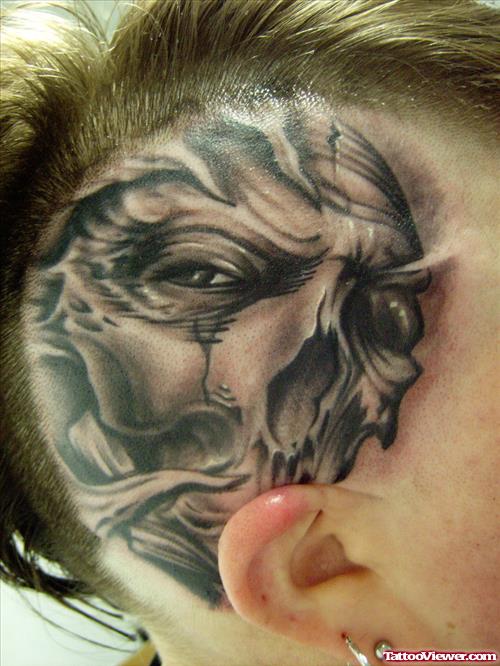 Grey Ink Skull Head Tattoo