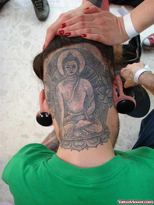 Grey Ink Religious Head Tattoo For Girls