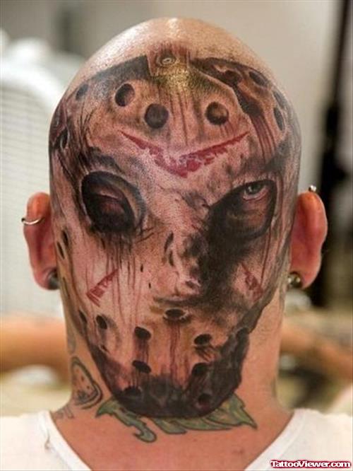 Grey Ink Jason Mask Back Head Tattoo