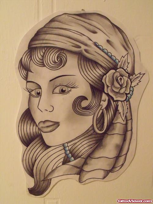 Grey Ink Gypsy Head Tattoo