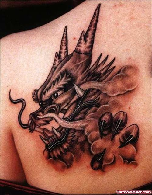 Grey Ink Dragon Head Tattoo On Left Back Shoulder