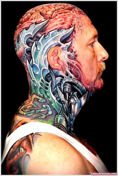 Awesome Colored Biomechanical Head Tattoo For Men
