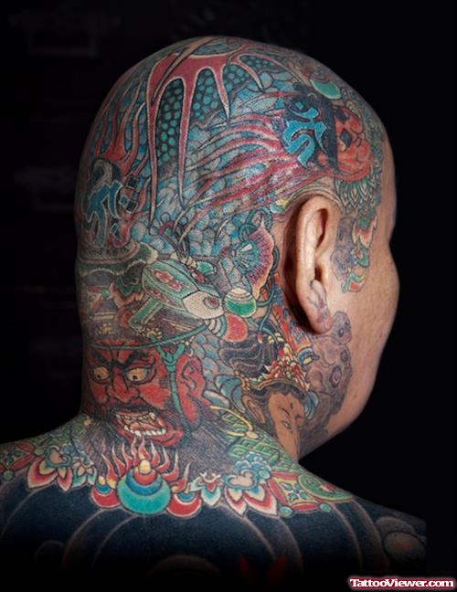 Awesome Colored Back Head Tattoo
