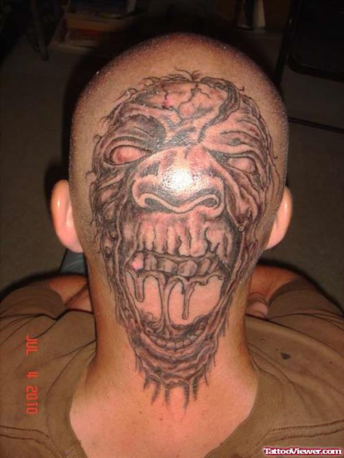 Grey Ink Zombie Skull Back Head Tattoo