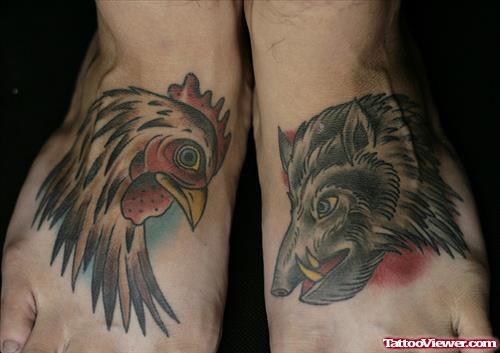 Wild Boar And Rooster Head Tattoo