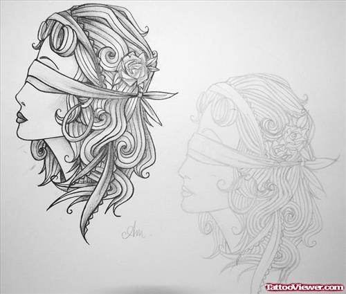 Grey Ink Girl Head Tattoo Design