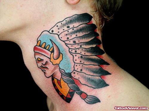 Colored Native Head Tattoo On Neck