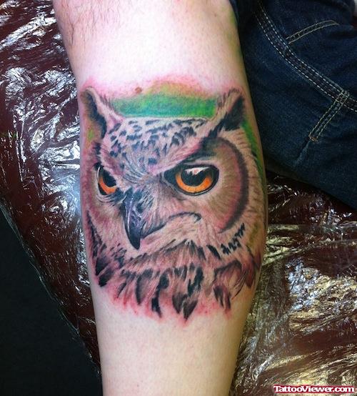 Awful Owl Head Tattoo On Sleeve