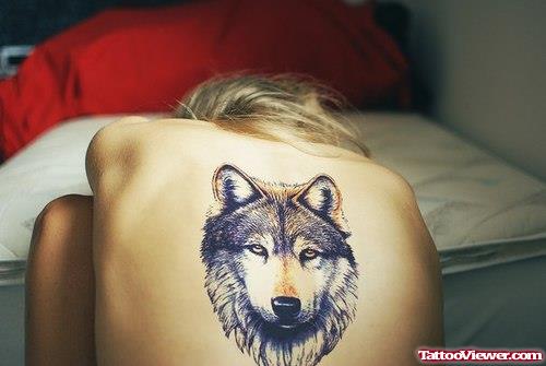 Grey Ink Wolf Head Tattoo On Back