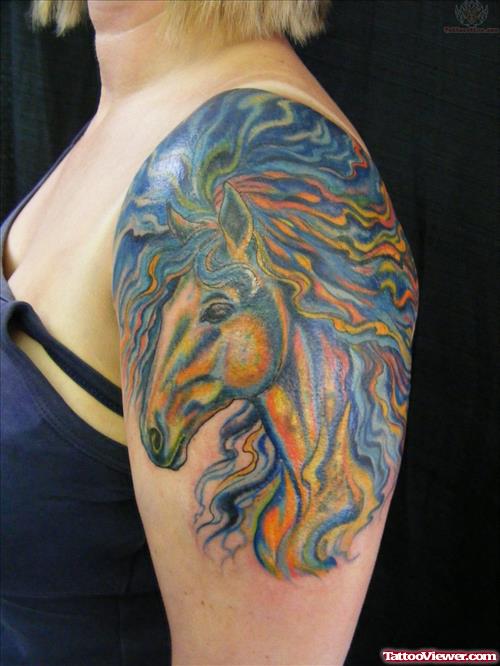 Awesome Color Ink Horse Head Tattoo On Shoulder