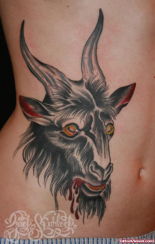 Rib Side Grey Ink Goat Head Tattoo