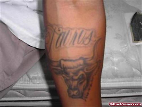 Grey Ink Bull Head Tattoo On Arm