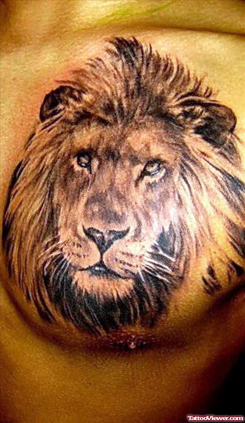 Grey Ink Lion Head Tattoo On Man Chest