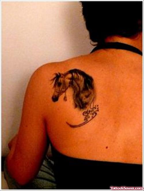 Grey Ink Horse Head Tattoo On Left Back Shoulder