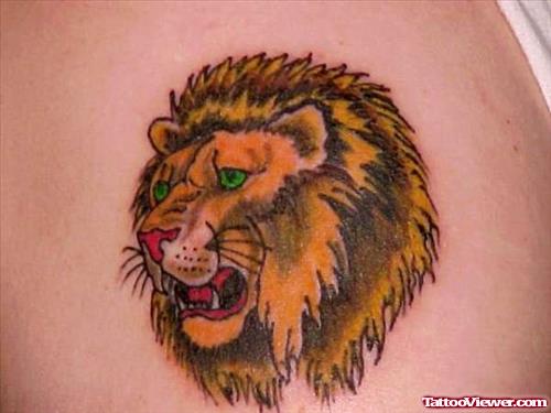 Color Ink Lion Head Tattoo On Back