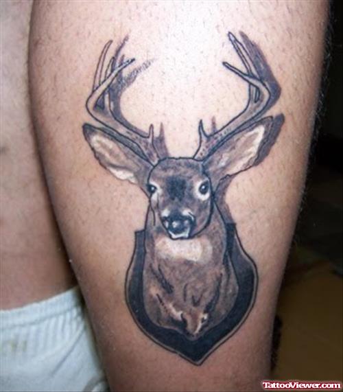 Grey Ink Deer Head Tattoo On Sleeve