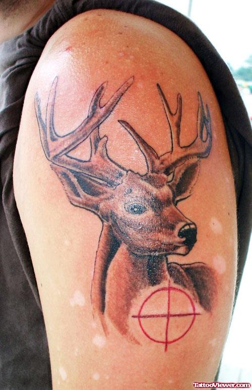 Grey Ink Deer Head Tattoo On Half Sleeve