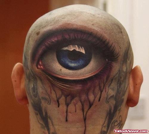 Amazing Colored 3D Eye Head Tattoo On Back Head