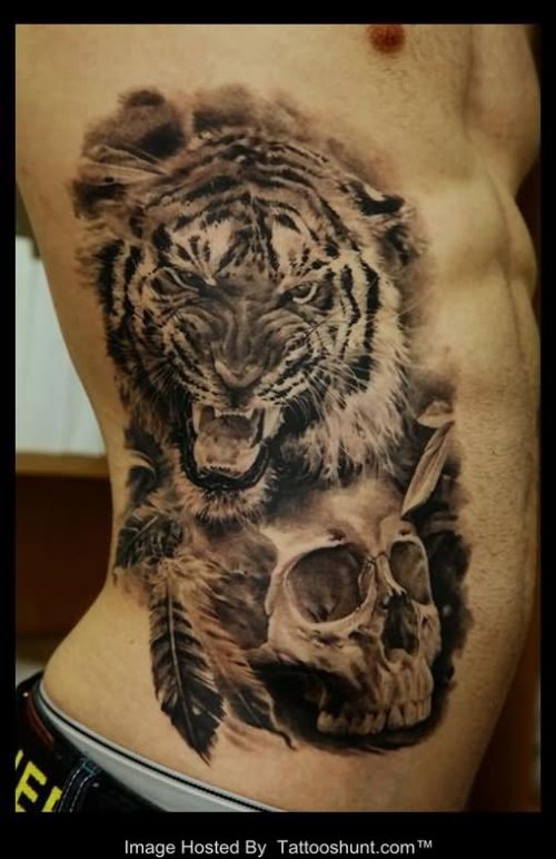 Grey Ink Tiger And Skull Head Tattoos