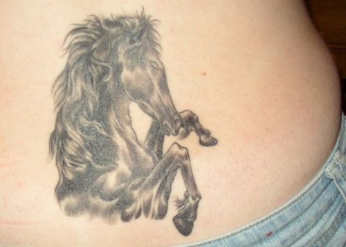 Grey Ink Horse Head Tattoo On Lowerback