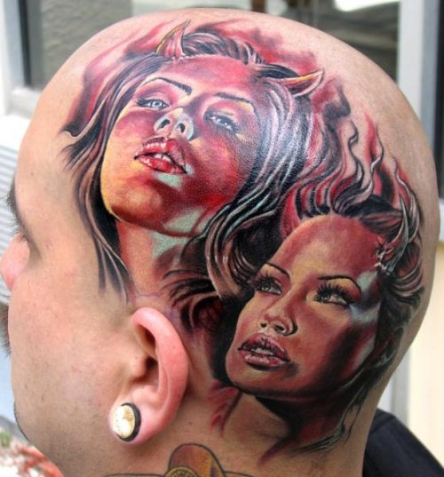 Devil Girls Head Tattoo For Men