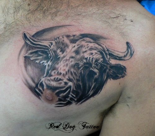 Grey Ink Bull Head Tattoo On Man Left Chest