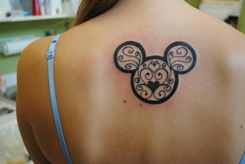 Mickey Head Tattoo On Girl Upperback